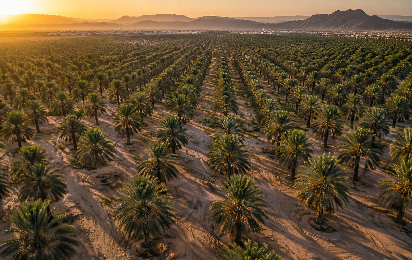 Aerial view of a date palm plantation at sunset