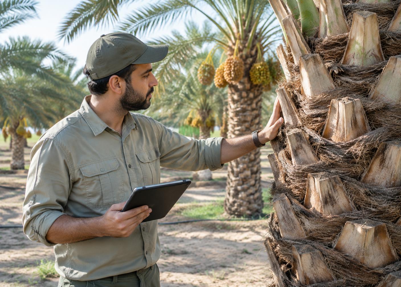 Agronomist inspecting a date palm trunk in a plantation
